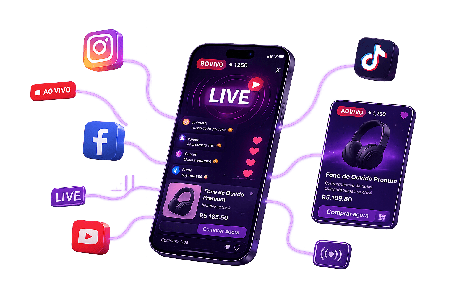 Live com venda de produtos ao vivo, simultânea em Instagram, Facebook, YouTube e TikTok